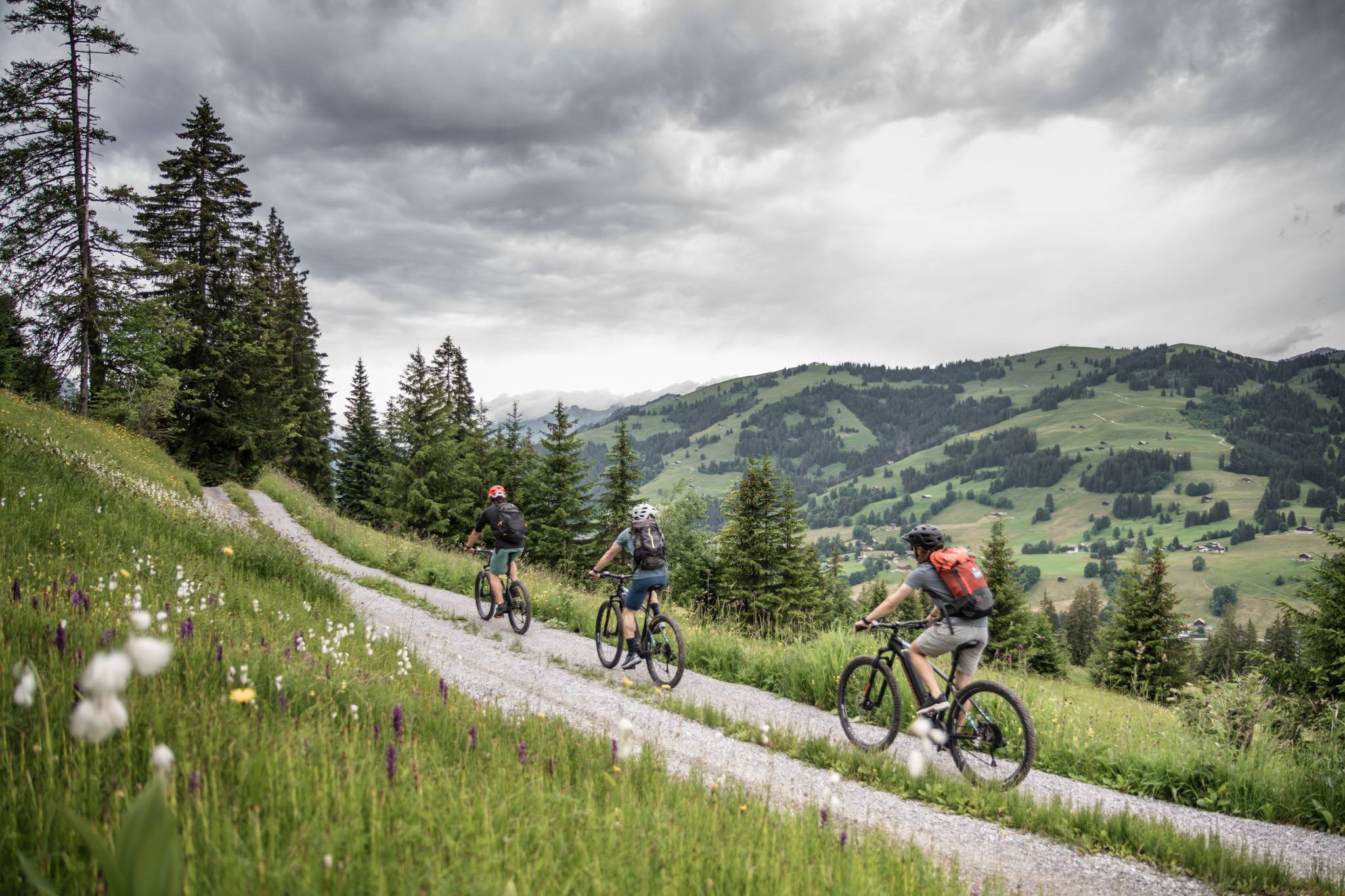 Mountainbiker fahren in den Schweizer Bergen