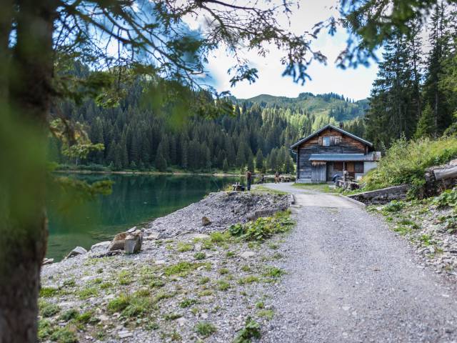 Hütte an schweizer Bergsee in Gstaad