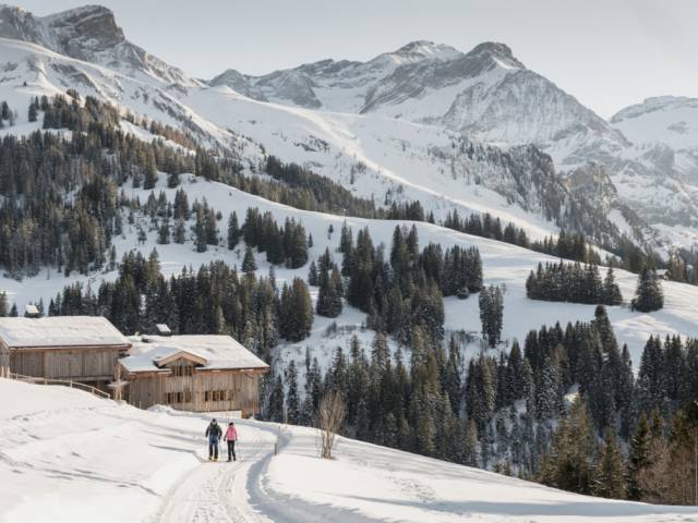 Paar beim Schneeschuhwandern in den schweizer Bergen 