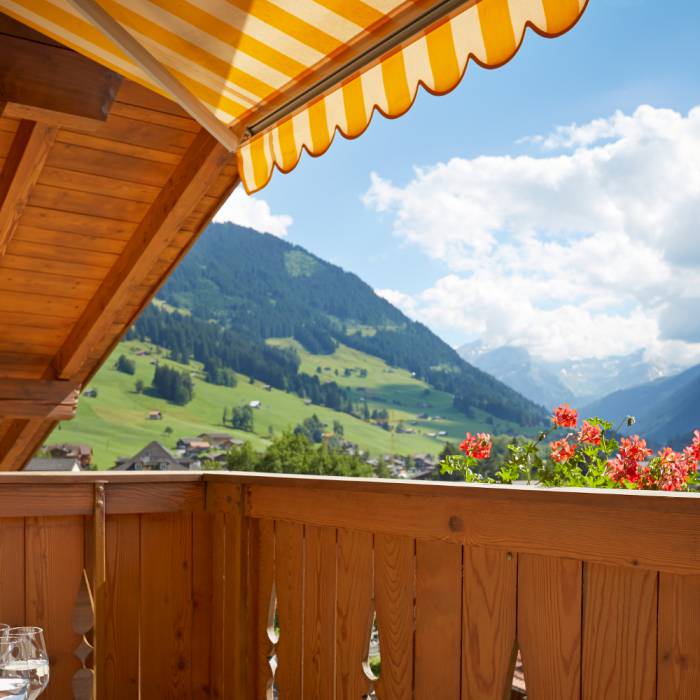 Panoramablick auf die schweizer Berge vom Balkon des Doppelzimmers
